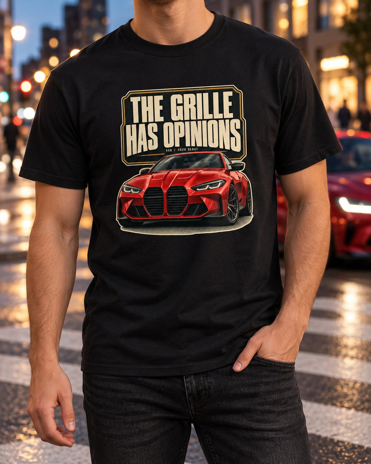 BMW M4 Competition G82 Editorial Headline Shirt, Grille Joke Tee T-Shirt Black worn hero