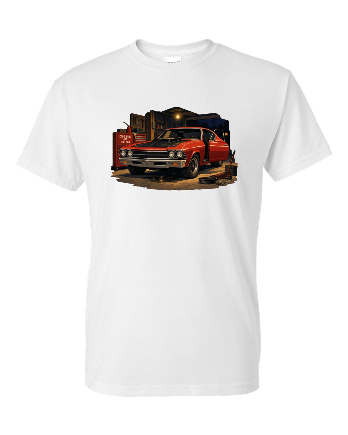 Cel-shaded anime print of a 1969 Chevelle COPO in a night garage with the text COPO 9562, 427, 1 of 323 white t-shirt front view with the design