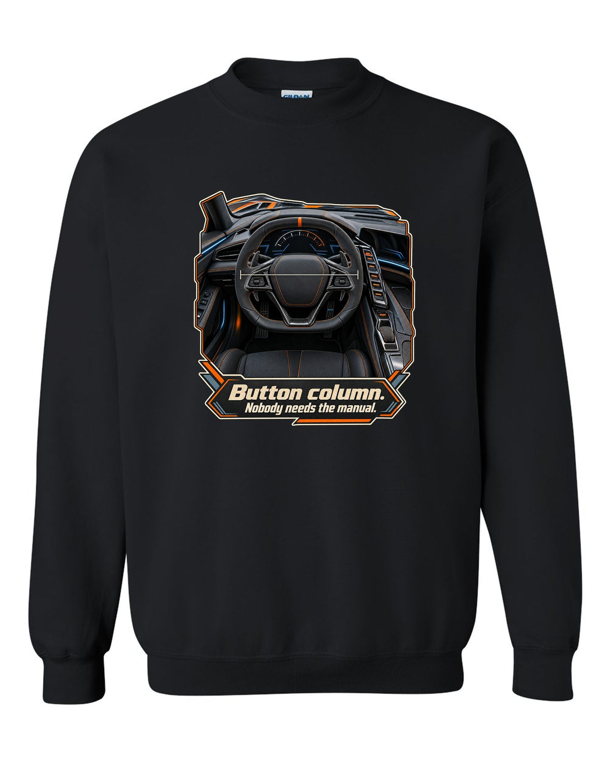 print of a Chevrolet Corvette C8 ZR1 cockpit with gauges and button column text black crewneck front view with the design