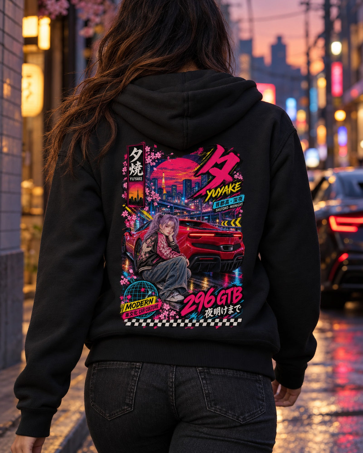 YUYAKE 296 GTB Anime Girl Full-Back Graphic Tee Zip Hoodie Black worn hero