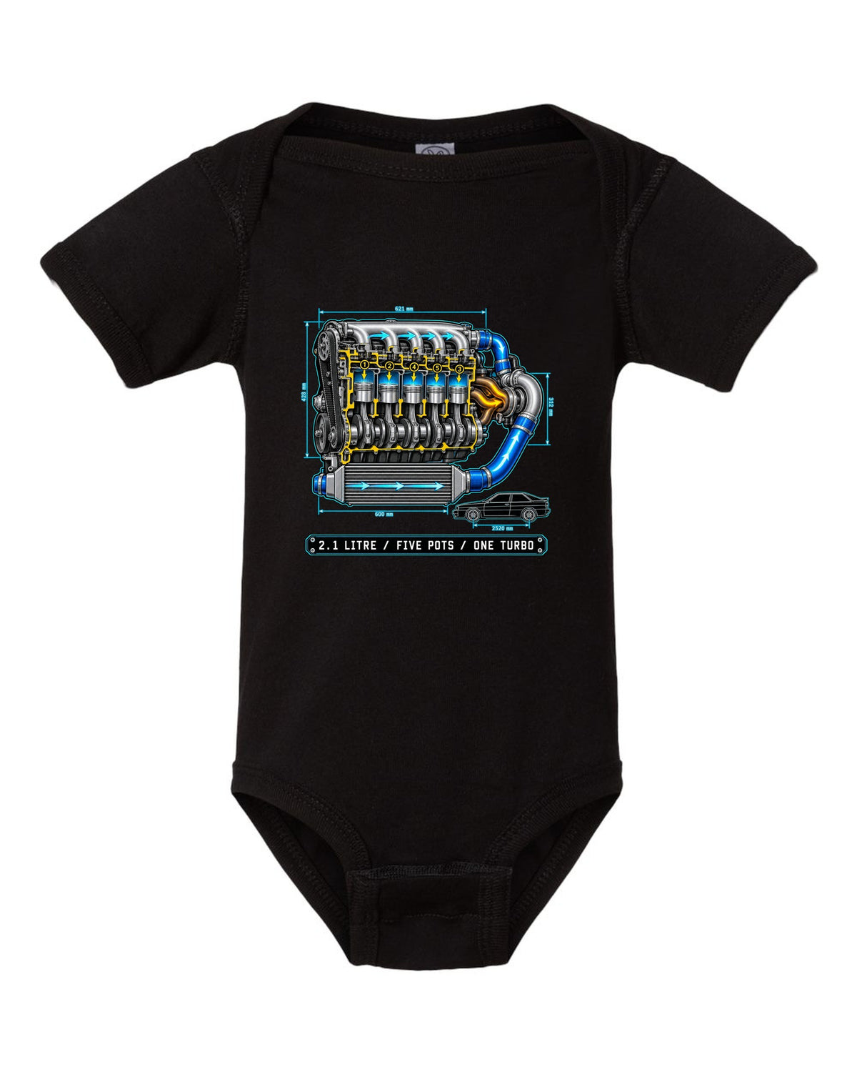 Technical blueprint print of an Audi Ur-Quattro Type 85 with five pots text black baby onesie front view with the design