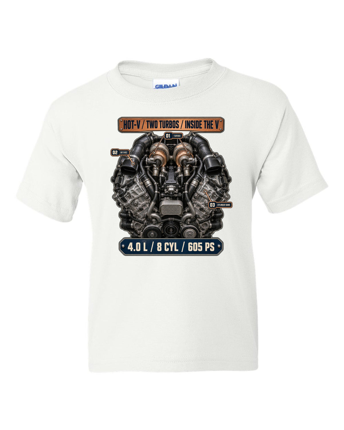Audi RS7 4.0 TFSI engine bay hero print white kids tee front view with the design