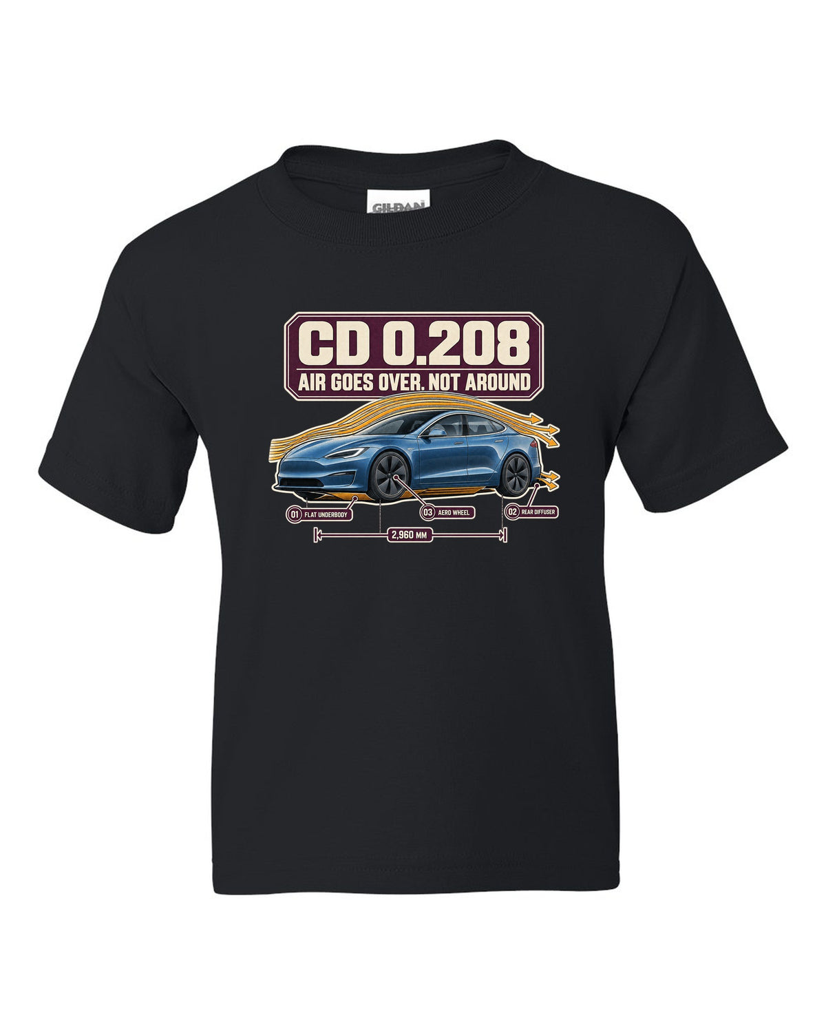 Aero callout print of a Tesla Model S Plaid with drag coefficient 0.208 black kids tee front view with the design