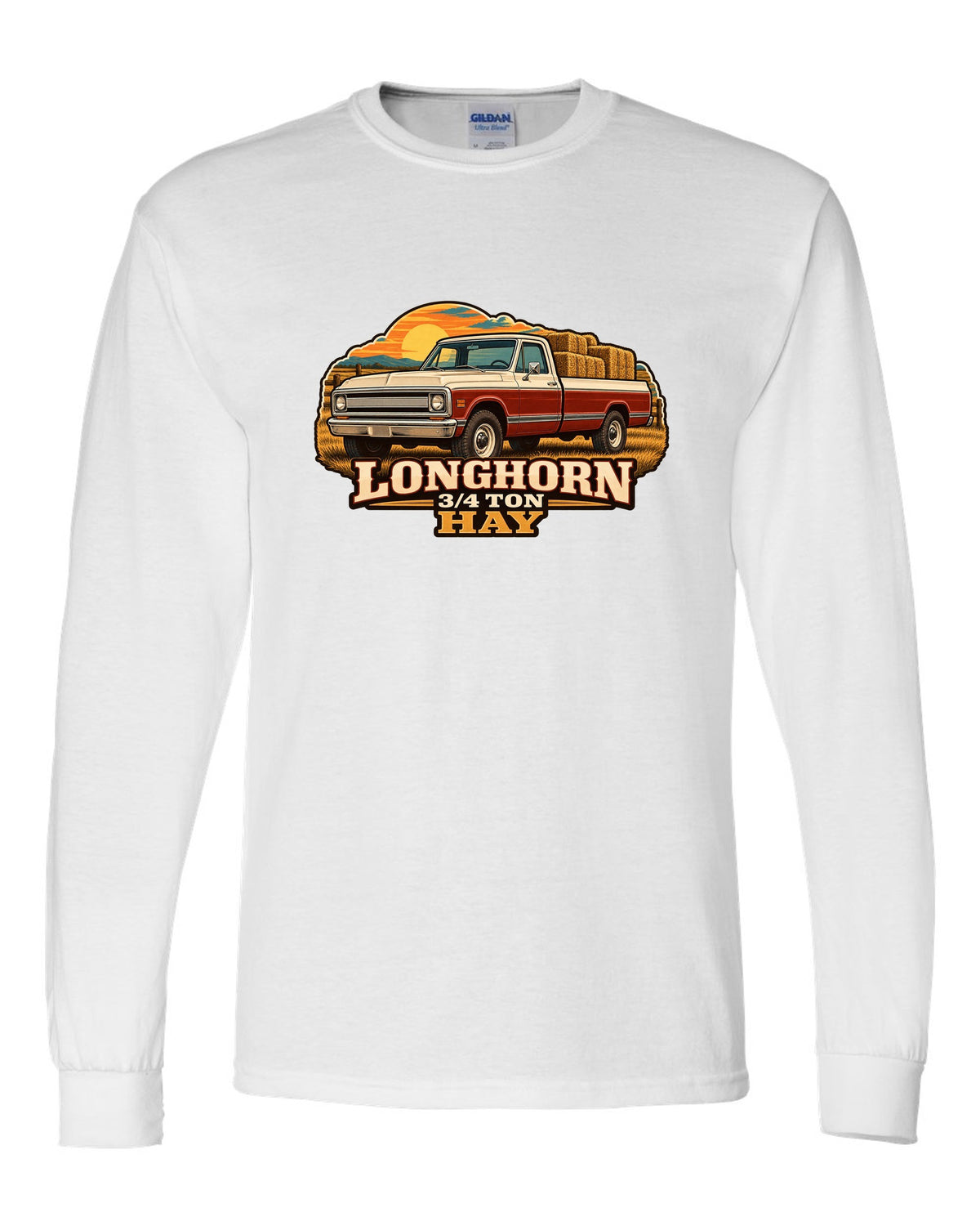 Vintage dealer-ad print of a 1967-72 Chevrolet C20 Longhorn with Longhorn 3/4 Ton Hay text white long sleeve front view with the design