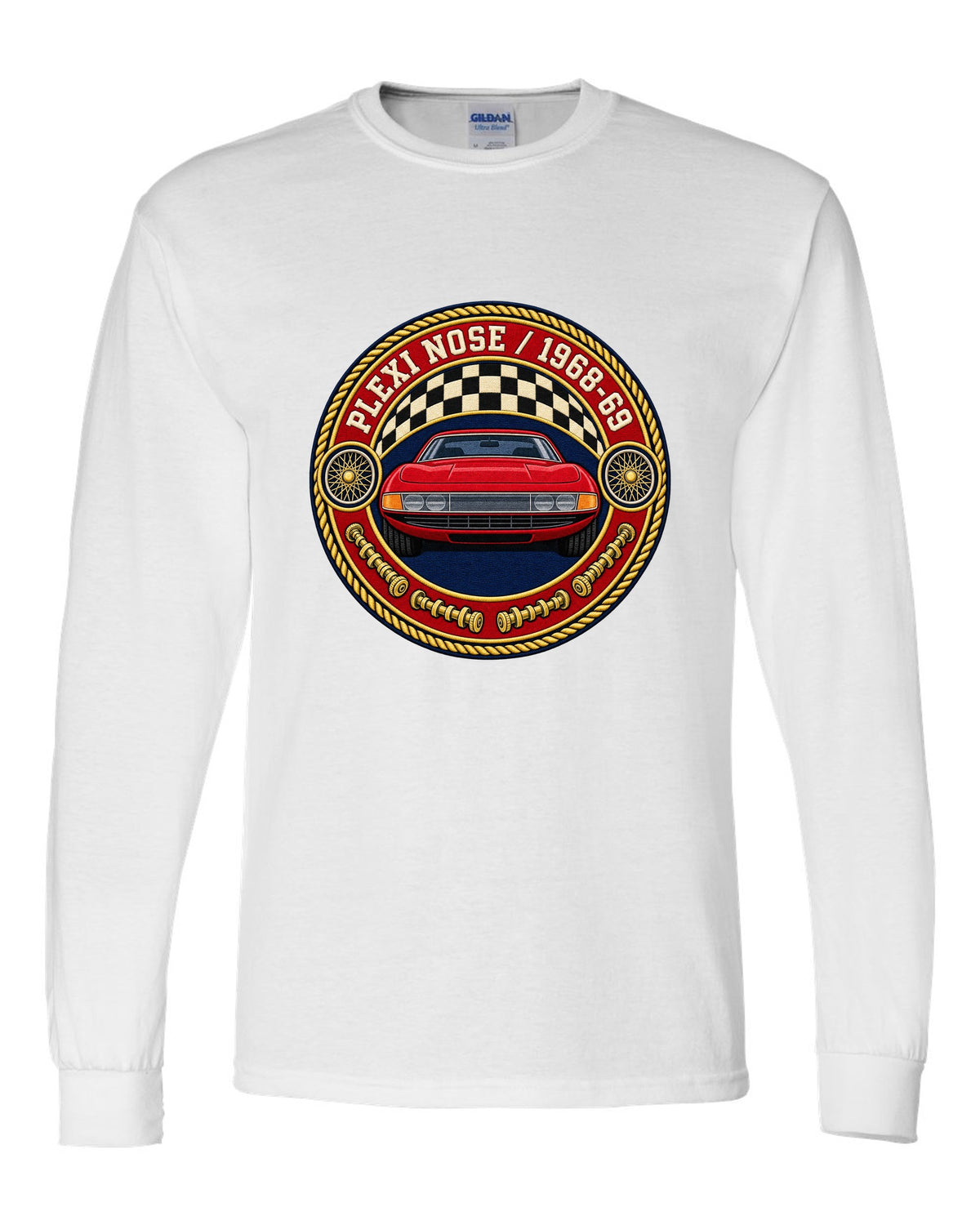 Round crest print for the Ferrari 365 GTB/4 Daytona with Plexi Nose and 1968-69 lettering white long sleeve front view with the design