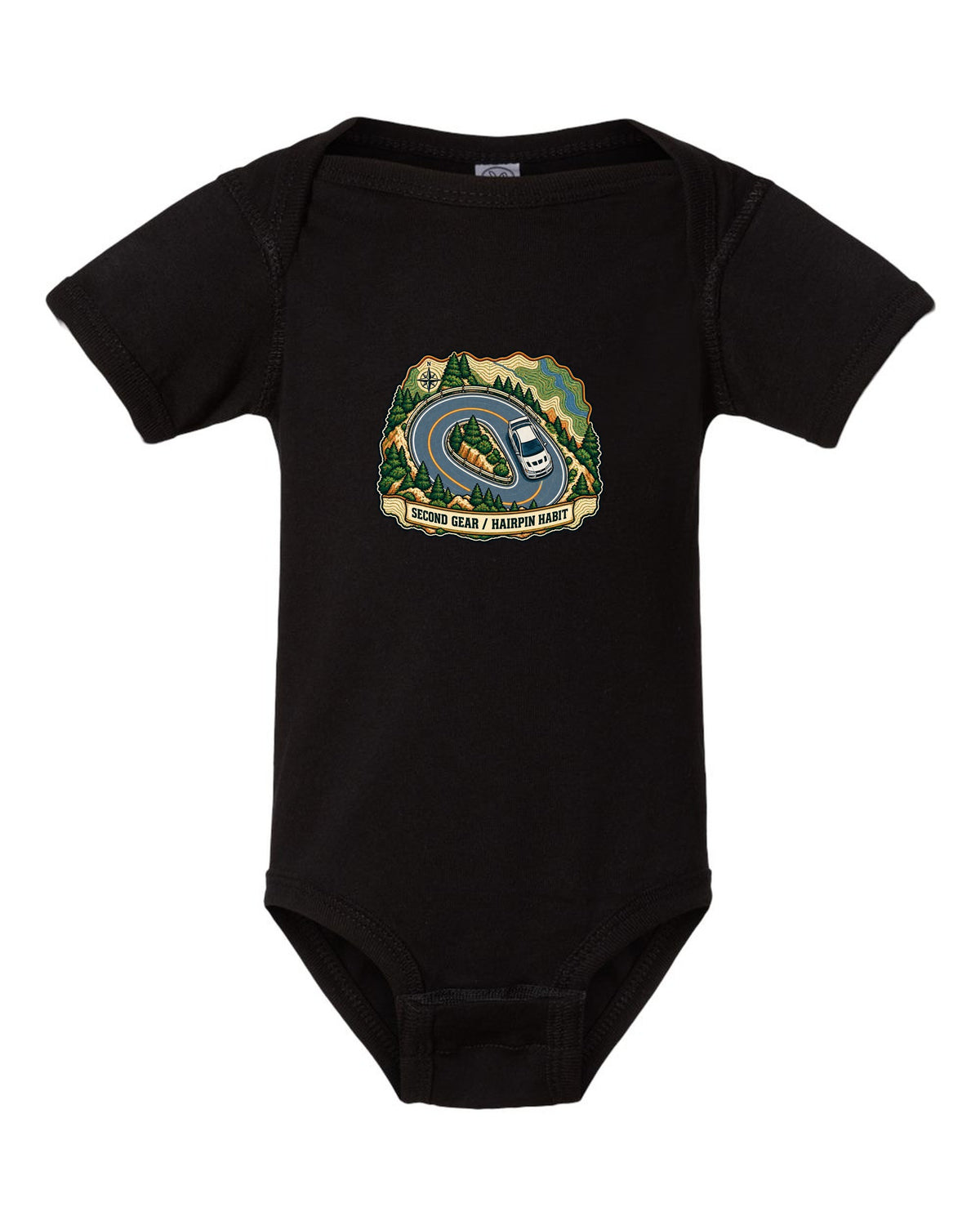 Topographic route map print for the Mitsubishi Evo VII CT9A with second gear hairpin habit text black baby onesie front view with the design