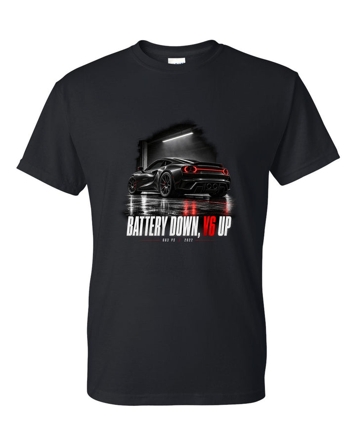 Garage night print of a Ferrari 296 GTB with the text Battery Down, V6 Up, 663 PS, 2022 black t-shirt front view with the design