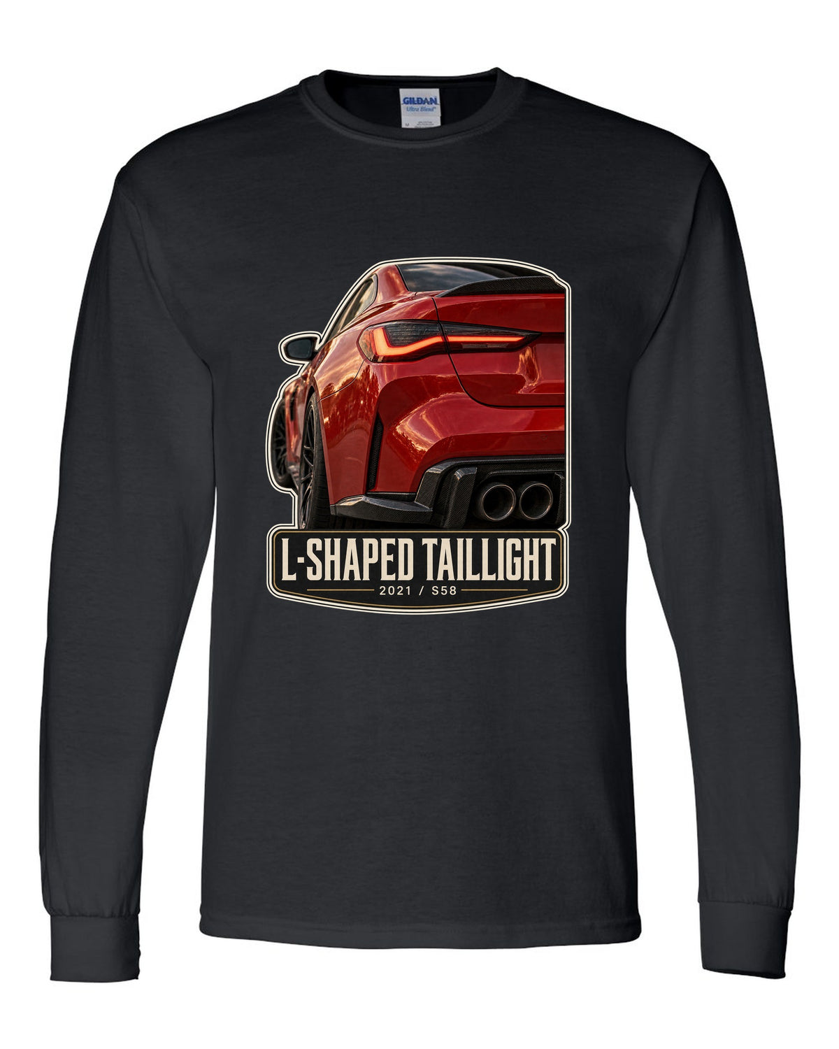 BMW M4 Competition G82 L-shaped taillight macro print with 2021 and S58 text black long sleeve front view with the design