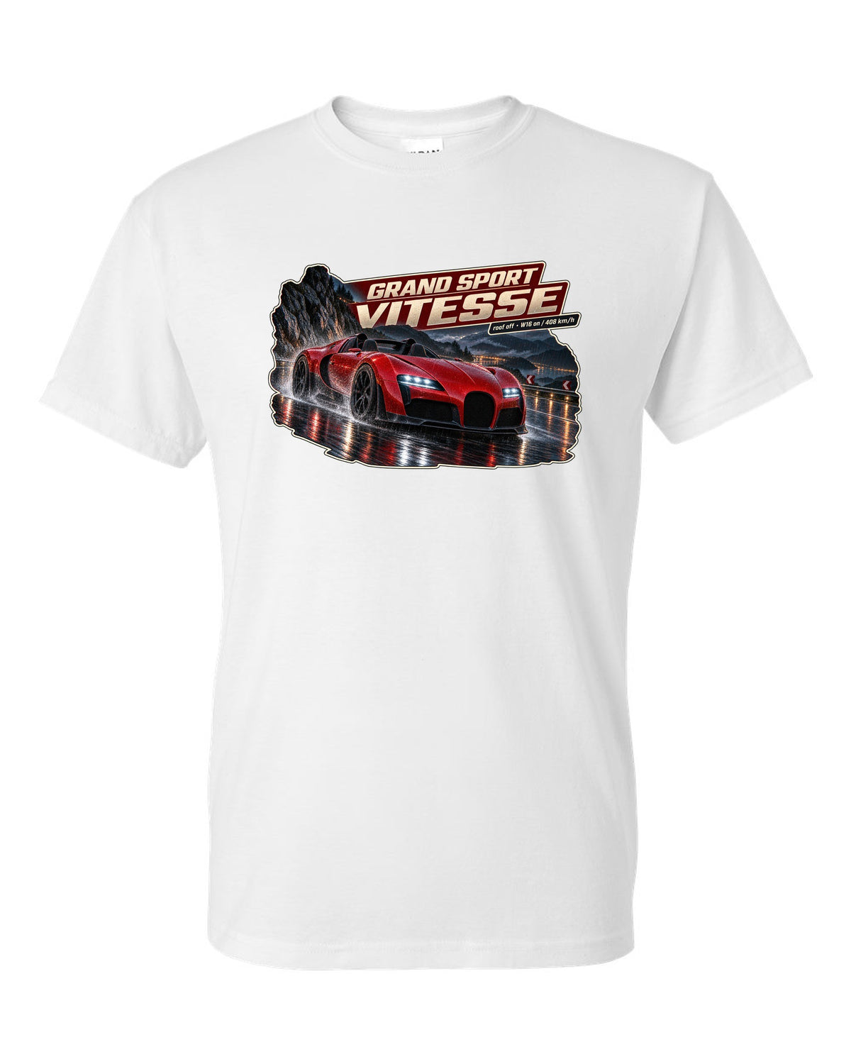 Night street poster of a Bugatti Veyron Grand Sport Vitesse with the roof off, print white t-shirt front view with the design