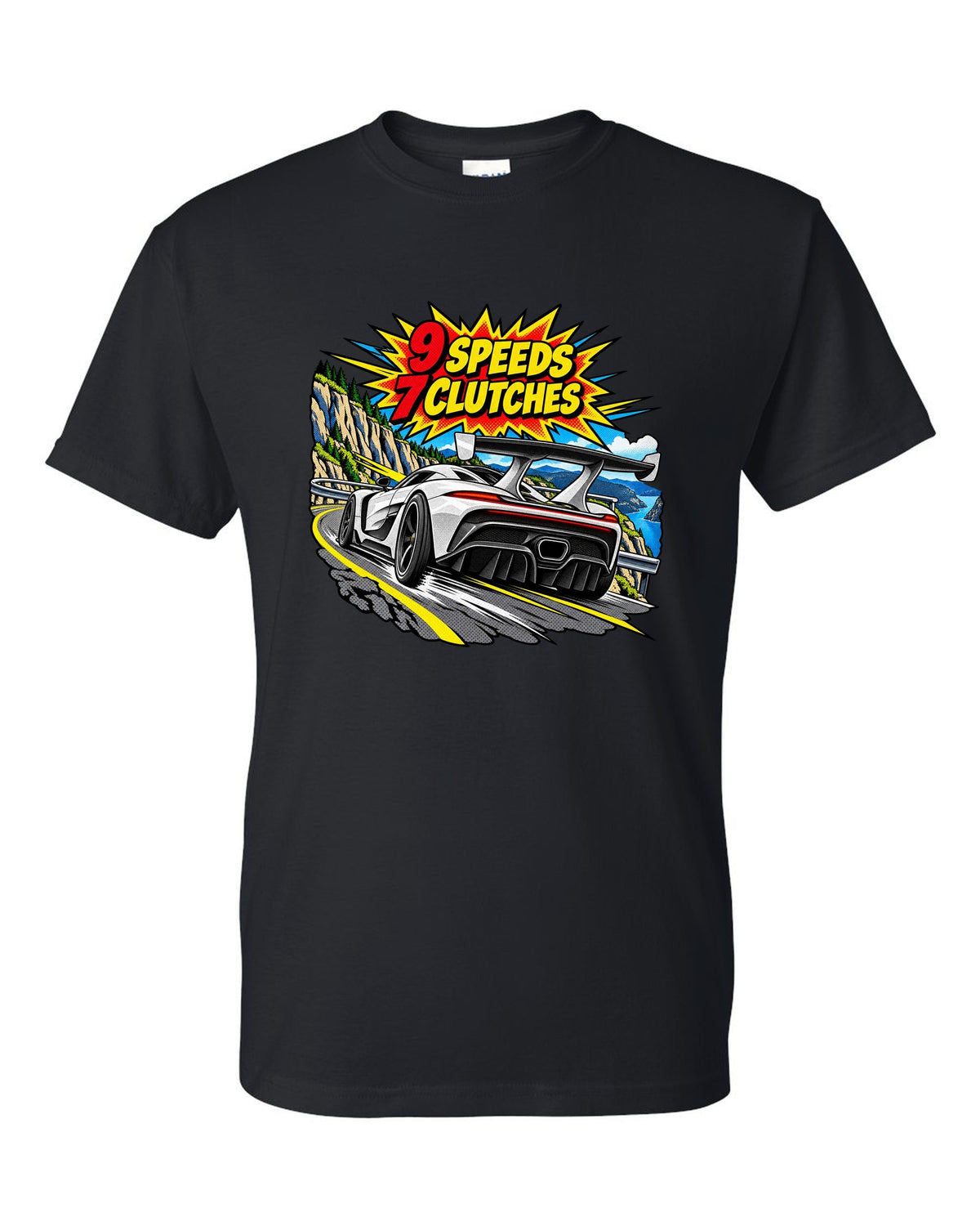 Comic halftone pop art print of a Koenigsegg Jesko with 9 speeds and 7 clutches lettering black t-shirt front view with the design