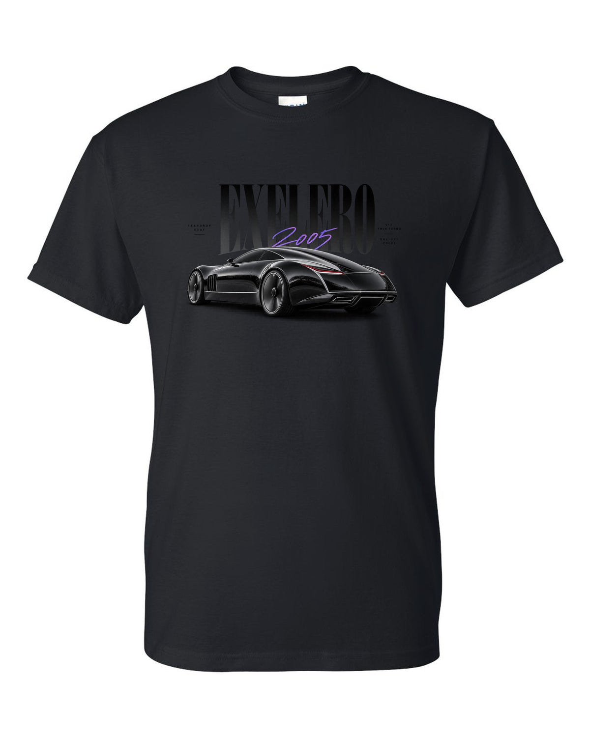 Editorial print of the Maybach Exelero one-off with Exelero 2005 Teardrop Roof lettering black t-shirt front view with the design