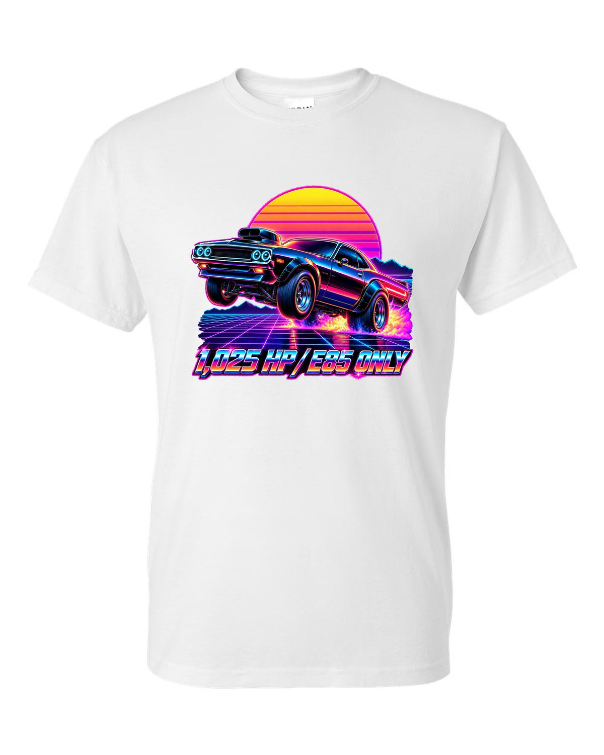 2023 Dodge Challenger Demon 170 synthwave neon outrun print with 1,025 HP E85 Only text white t-shirt front view with the design