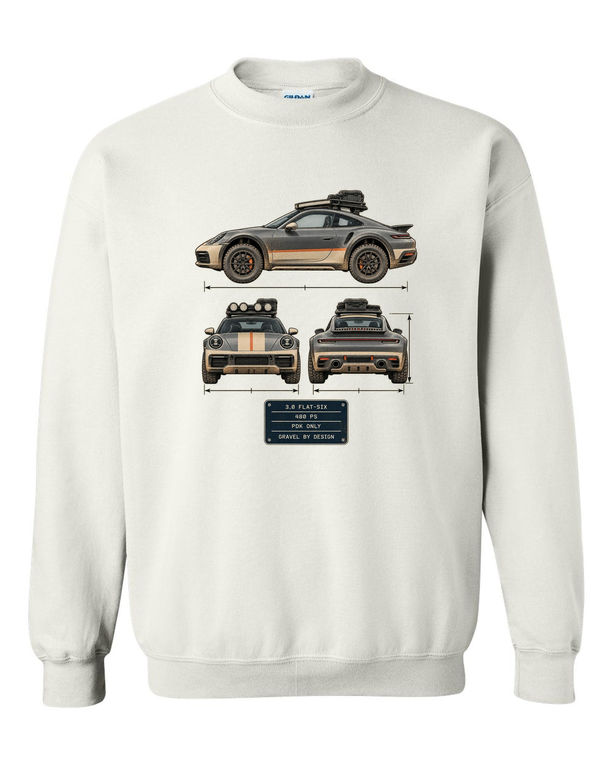 Three-view and spec table print of a Porsche 911 Dakar 992 white crewneck front view with the design