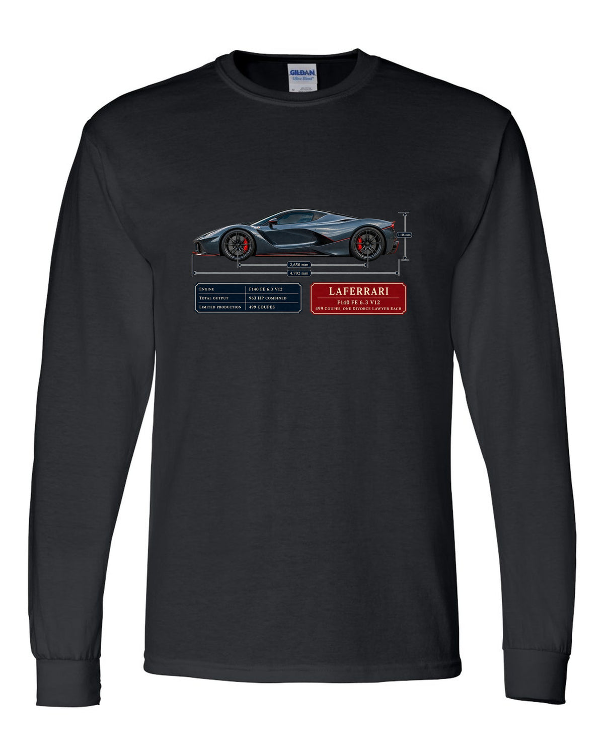 Ferrari LaFerrari dimension blueprint print with F140 FE 6.3 V12 text black long sleeve front view with the design