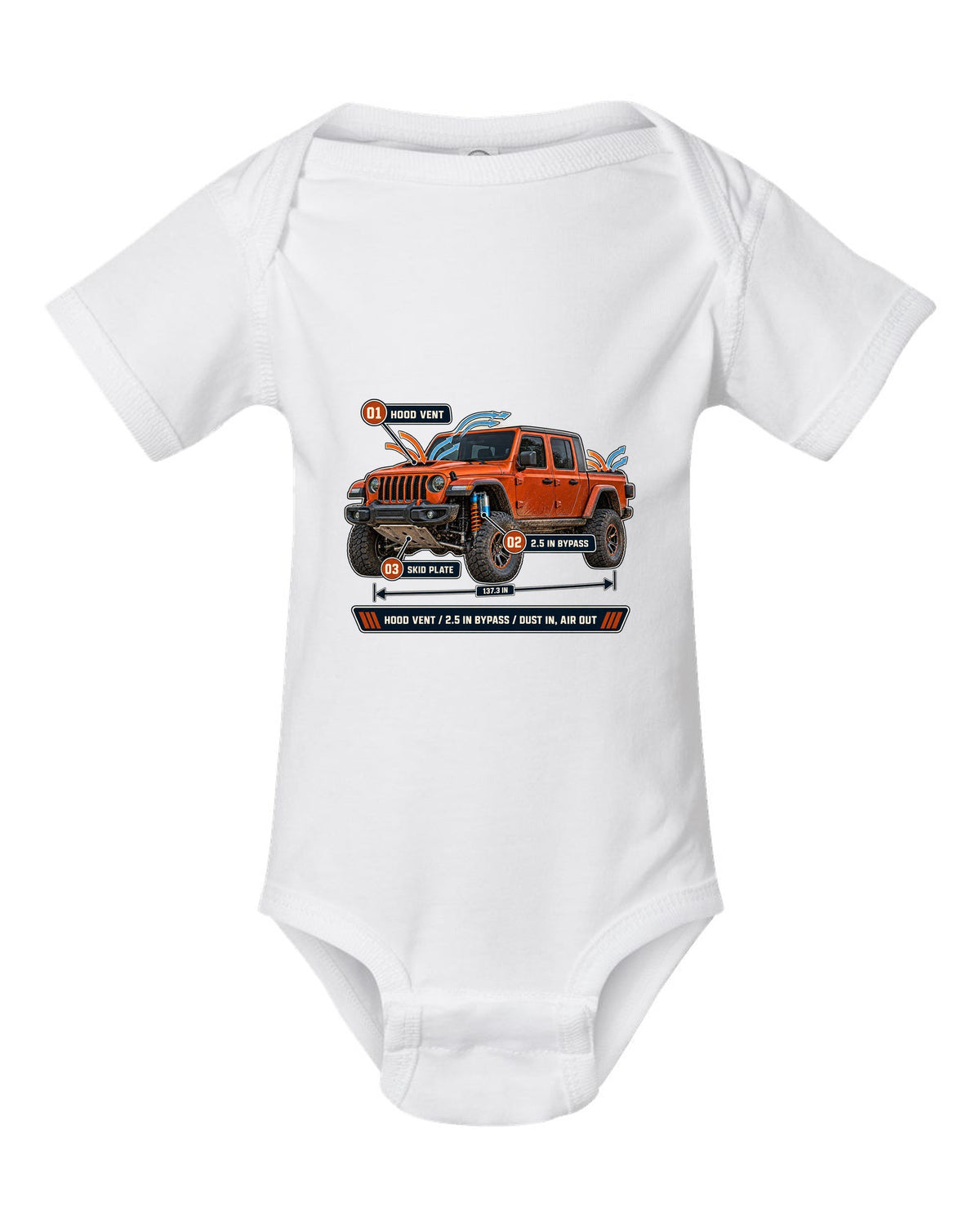 Aero callout print for the Jeep Gladiator Mojave JT showing hood vent and bypass white baby onesie front view with the design