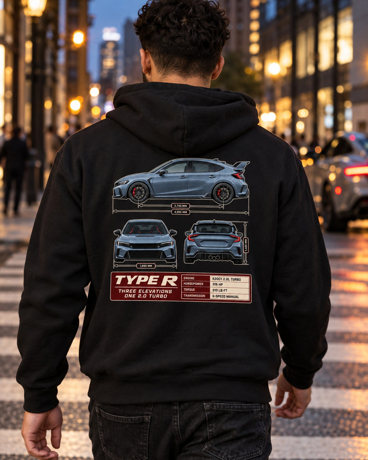Civic Type R FL5 Three-View Spec Sheet Tee for Car Guys Zip Hoodie Black worn hero