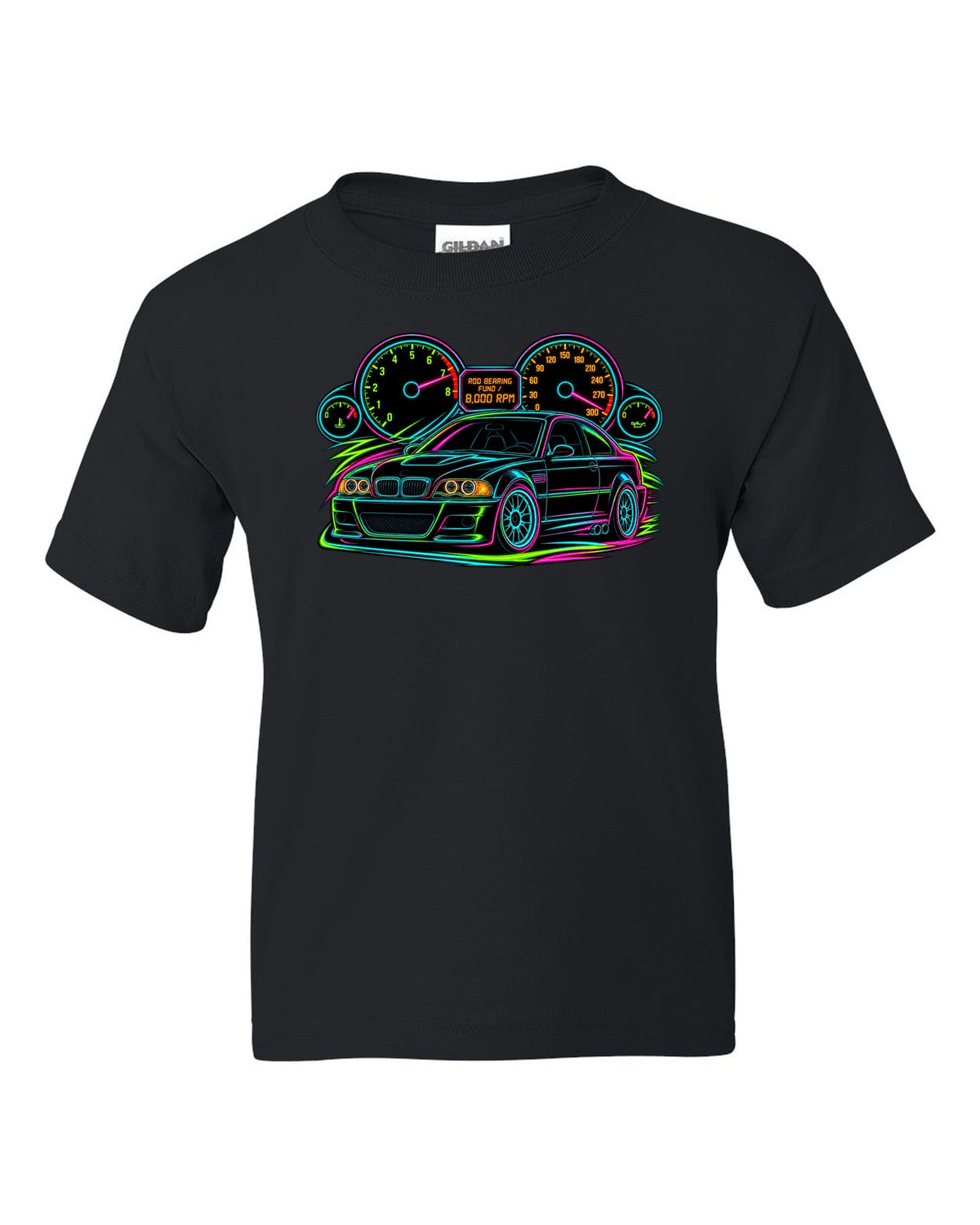 Neon line art redline gauge of a BMW E46 M3 coupe with 8,000 RPM and rod bearing fund text black kids tee front view with the design