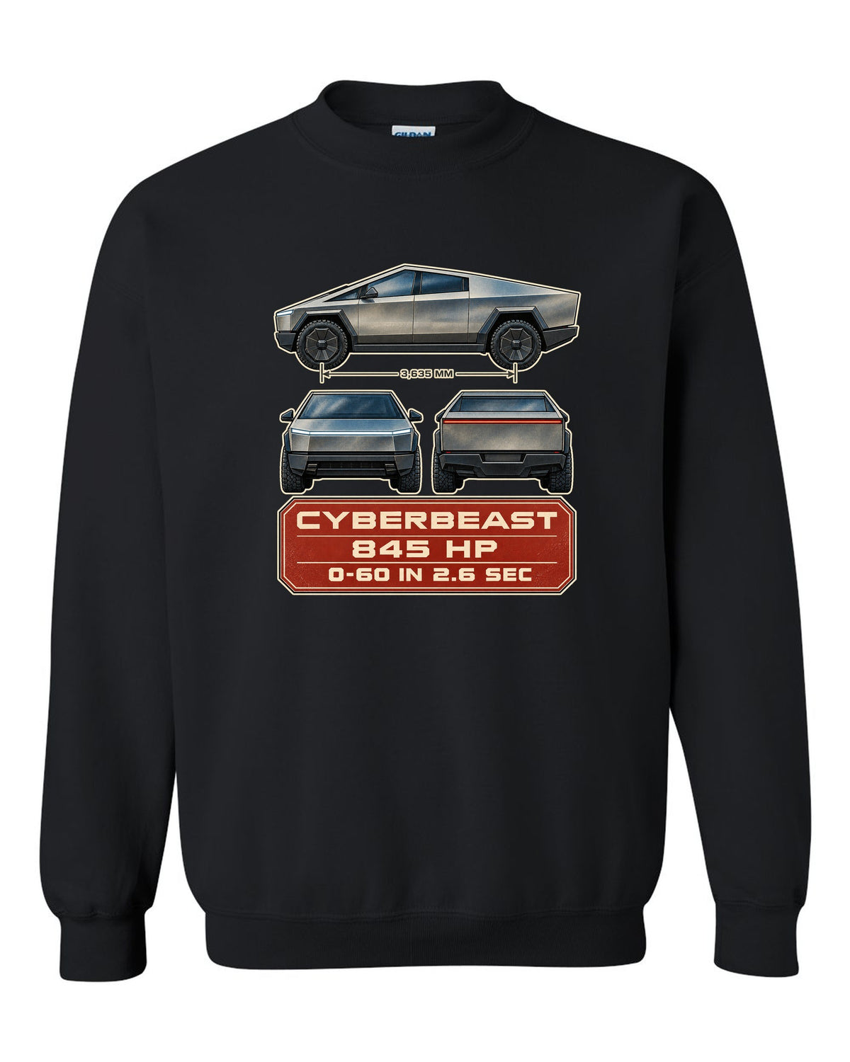 Three-view and spec table print of a Tesla Cybertruck Cyberbeast black crewneck front view with the design