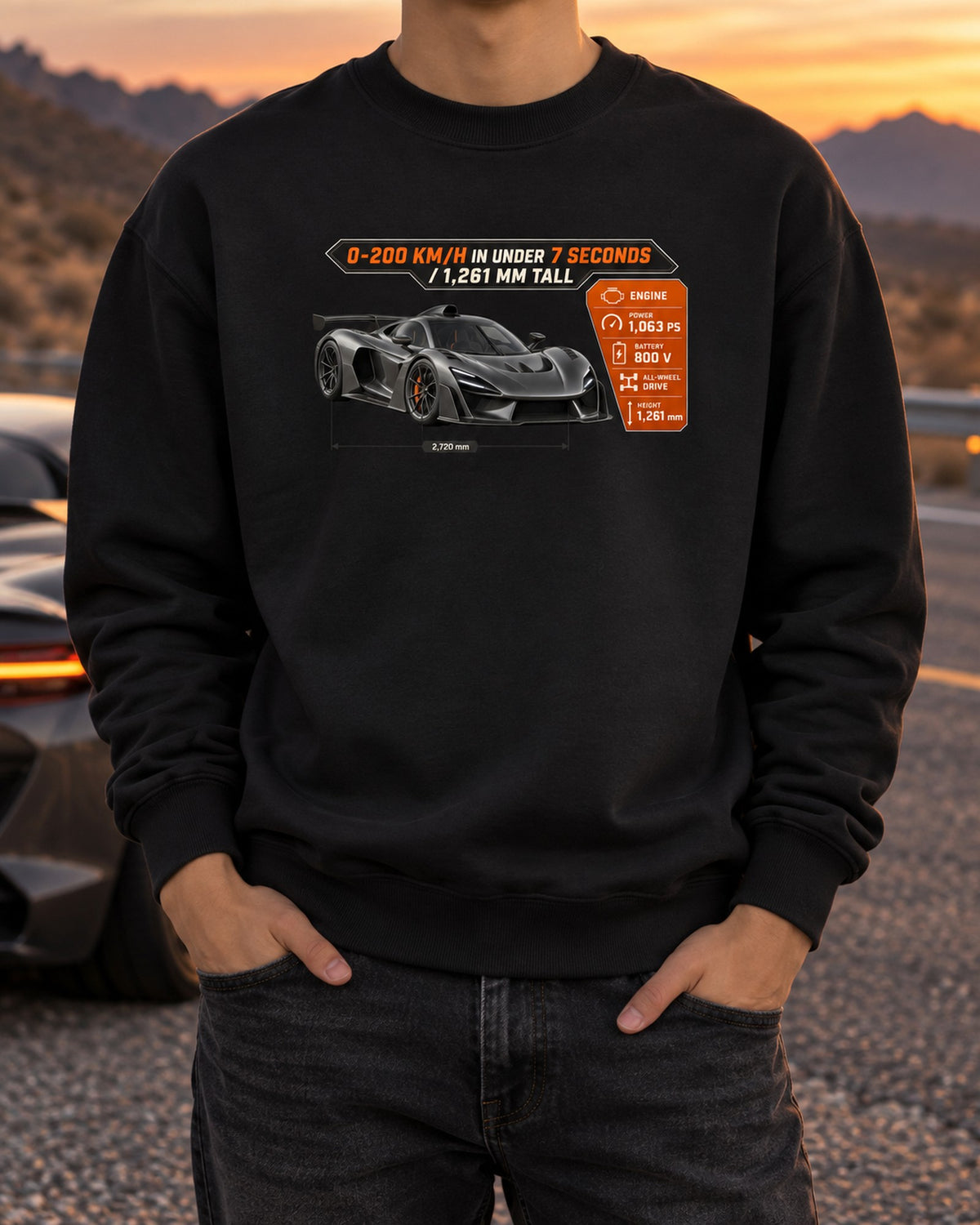 Mercedes-AMG One Spec Poster Shirt, 0-200 km/h Under 7 Seconds Crewneck Black worn hero