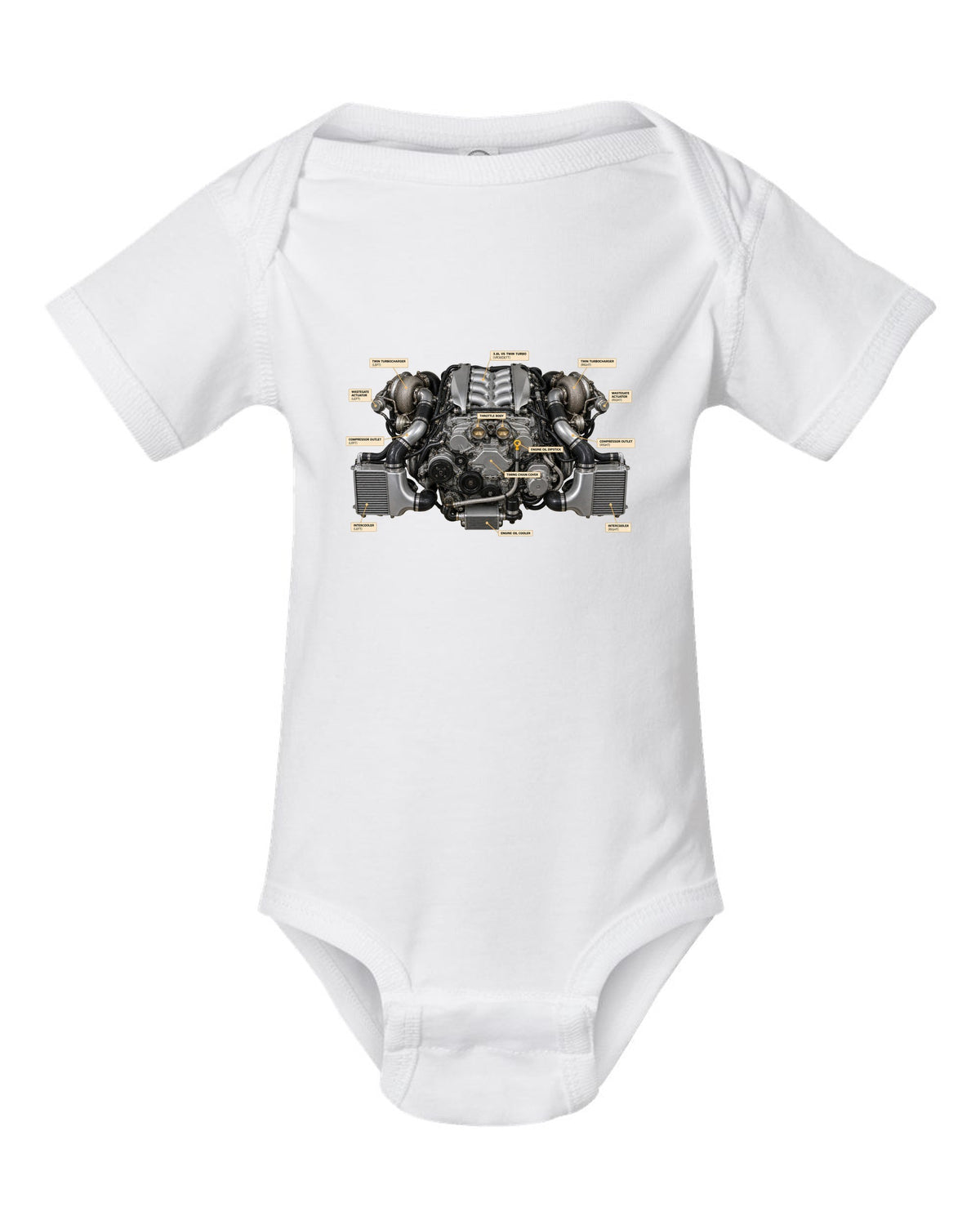 Nissan GT-R R35 2009 Premium dimension blueprint with engine text white baby onesie front view with the design