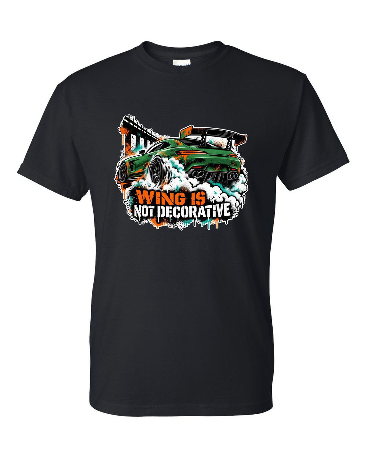 Risograph spot colour illustration of a Mercedes AMG GT R C190 in a garage with Track Day Monday Bill text black t-shirt front view with the design