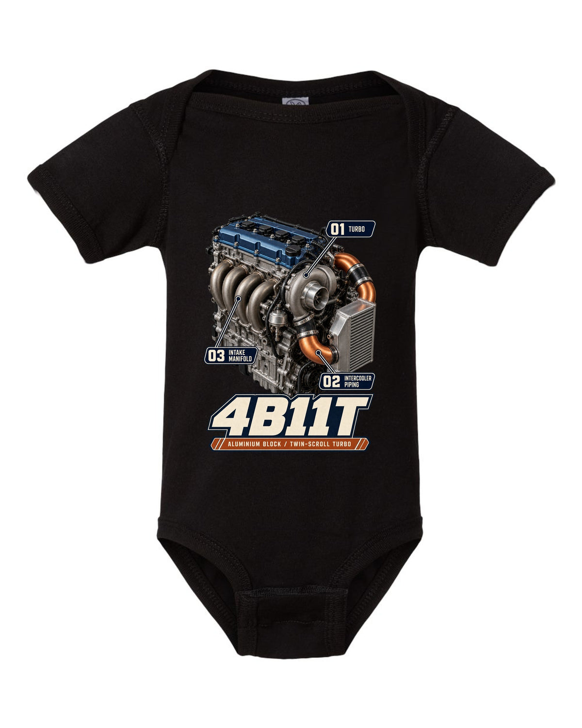 Mitsubishi Lancer Evolution X 4B11T engine bay poster print black baby onesie front view with the design