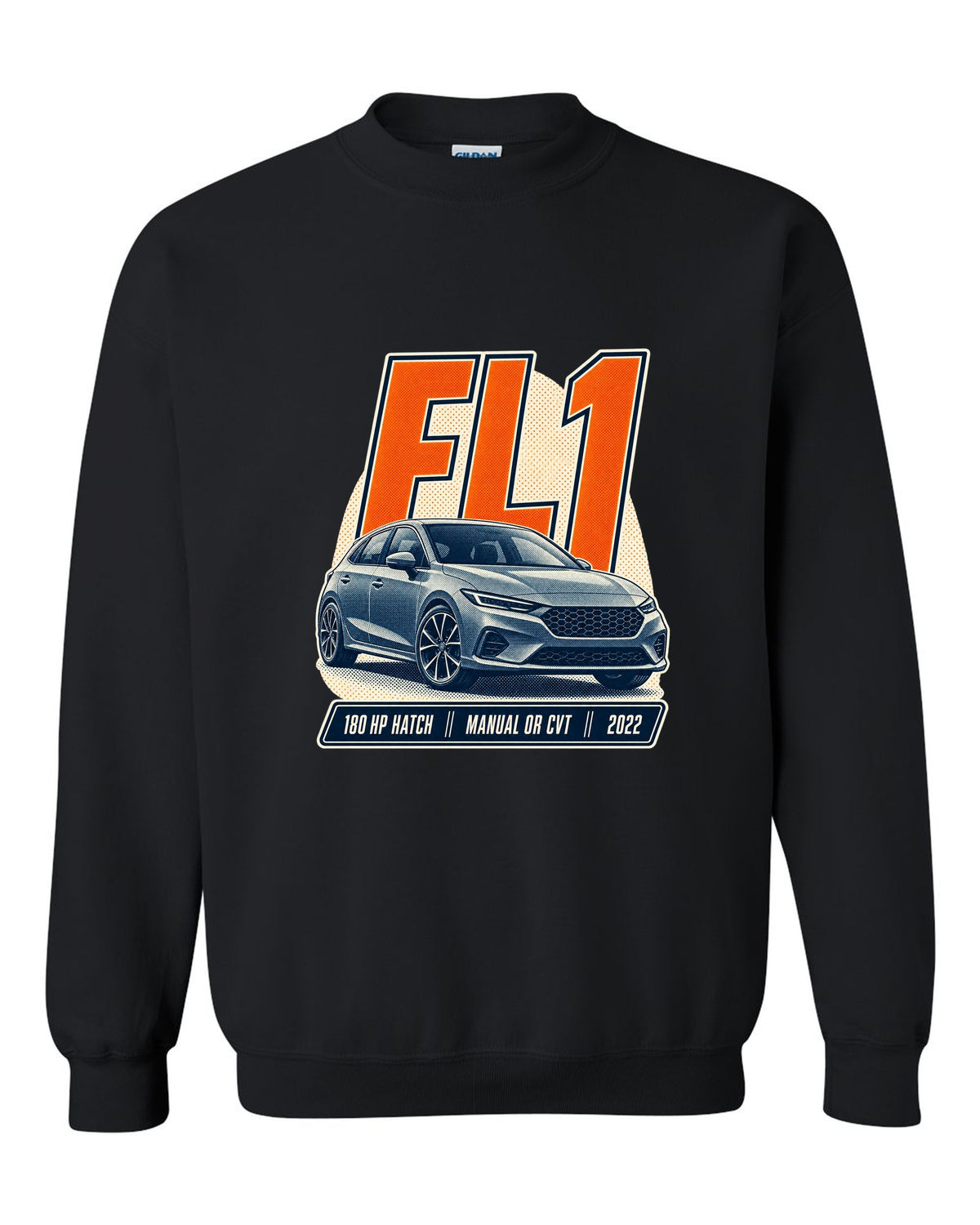 Honda Civic chback FL1 halftone front three-quarter print black crewneck front view with the design