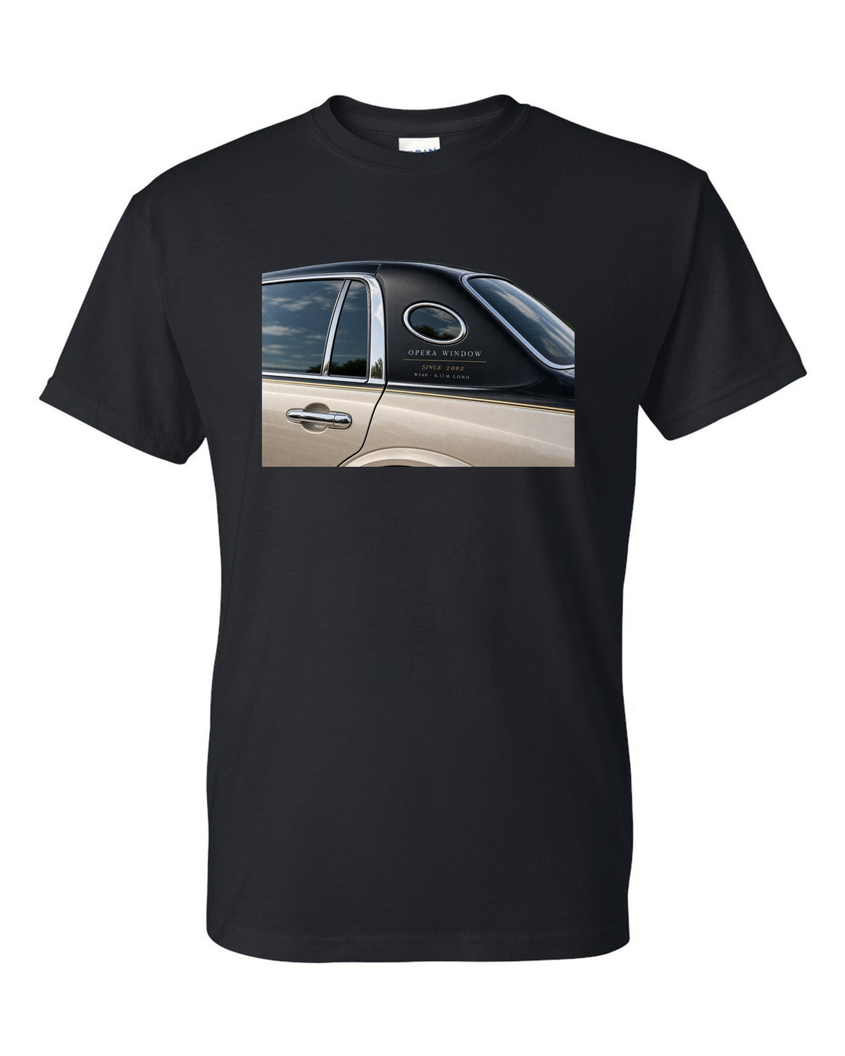 Detail macro print of a Maybach 62 W240 opera window with Since 2002 lettering black t-shirt front view with the design