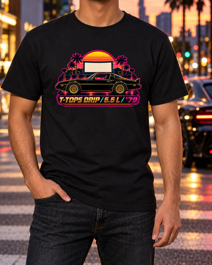 1979 Pontiac Trans Am T-Top Drive-In Gold Sunset Shirt T-Shirt Black worn hero