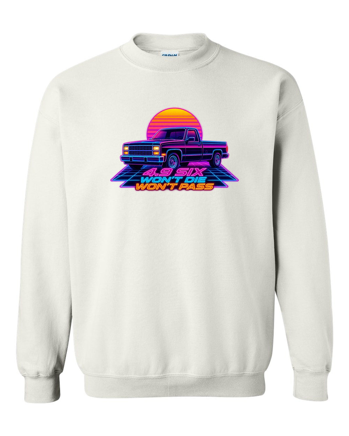 Synthwave neon art of a 1987-91 Ford F-150 Brick-Nose in drive-in rain with 4.9 SIX lettering white crewneck front view with the design