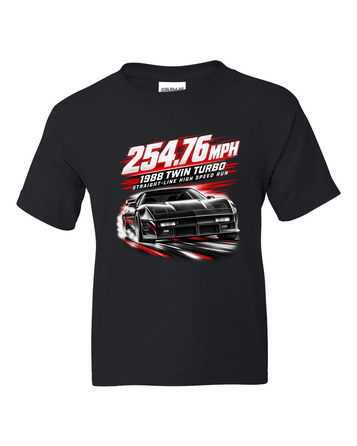 Callaway Sledgehammer 1988 twin-turbo C4 coupe race poster print 254.76 mph black kids tee front view with the design