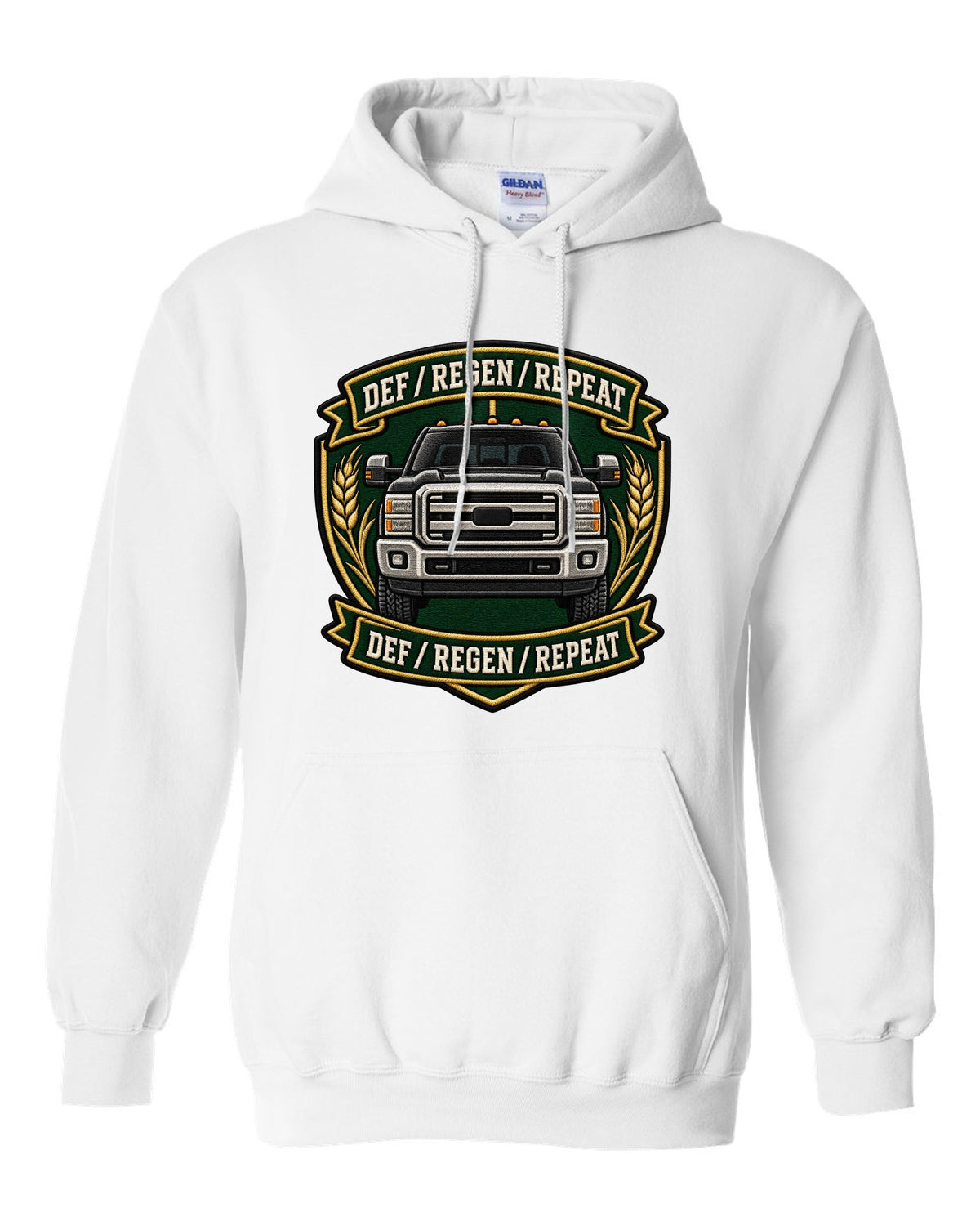 Shield crest print for the 2010-2018 Ram 2500 6.7 Cummins reading DEF regen repeat white pull over hoodie front view with the design