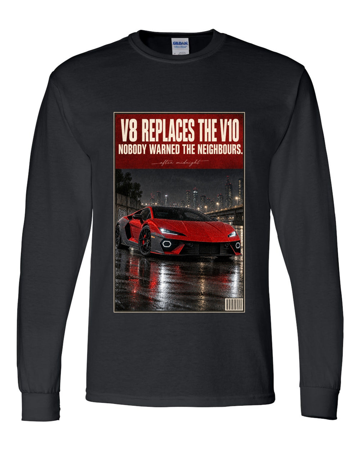 Night street print of the Lamborghini Temerario black long sleeve front view with the design