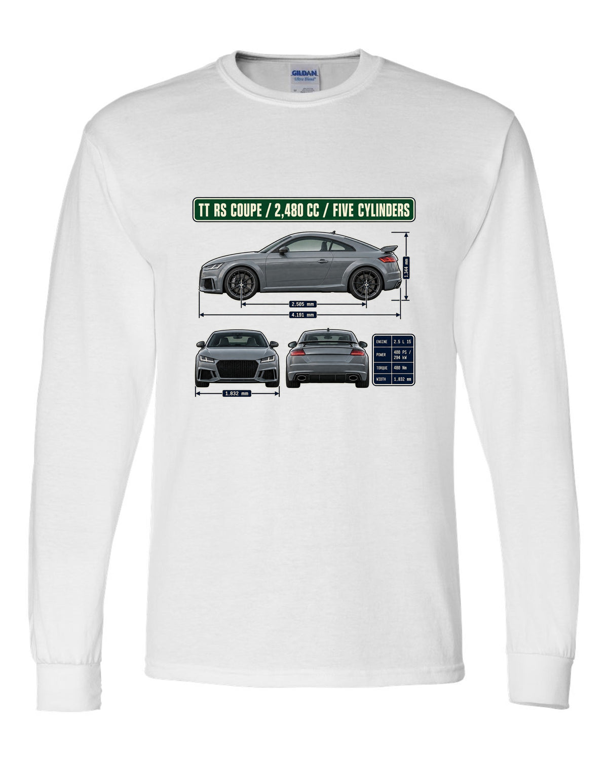 Audi TT RS 8S coupe dimension blueprint print with five-cylinder engine size white long sleeve front view with the design