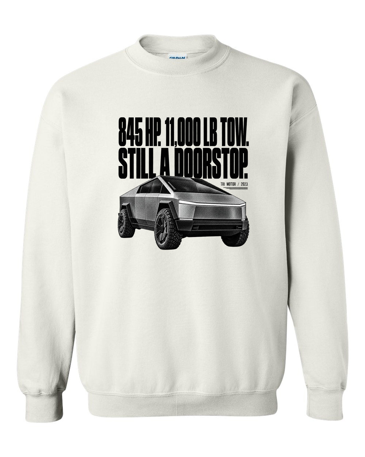 Halftone Tesla Cybertruck Cyberbeast front three-quarter with 845 HP and 11,000 lb tow text white crewneck front view with the design