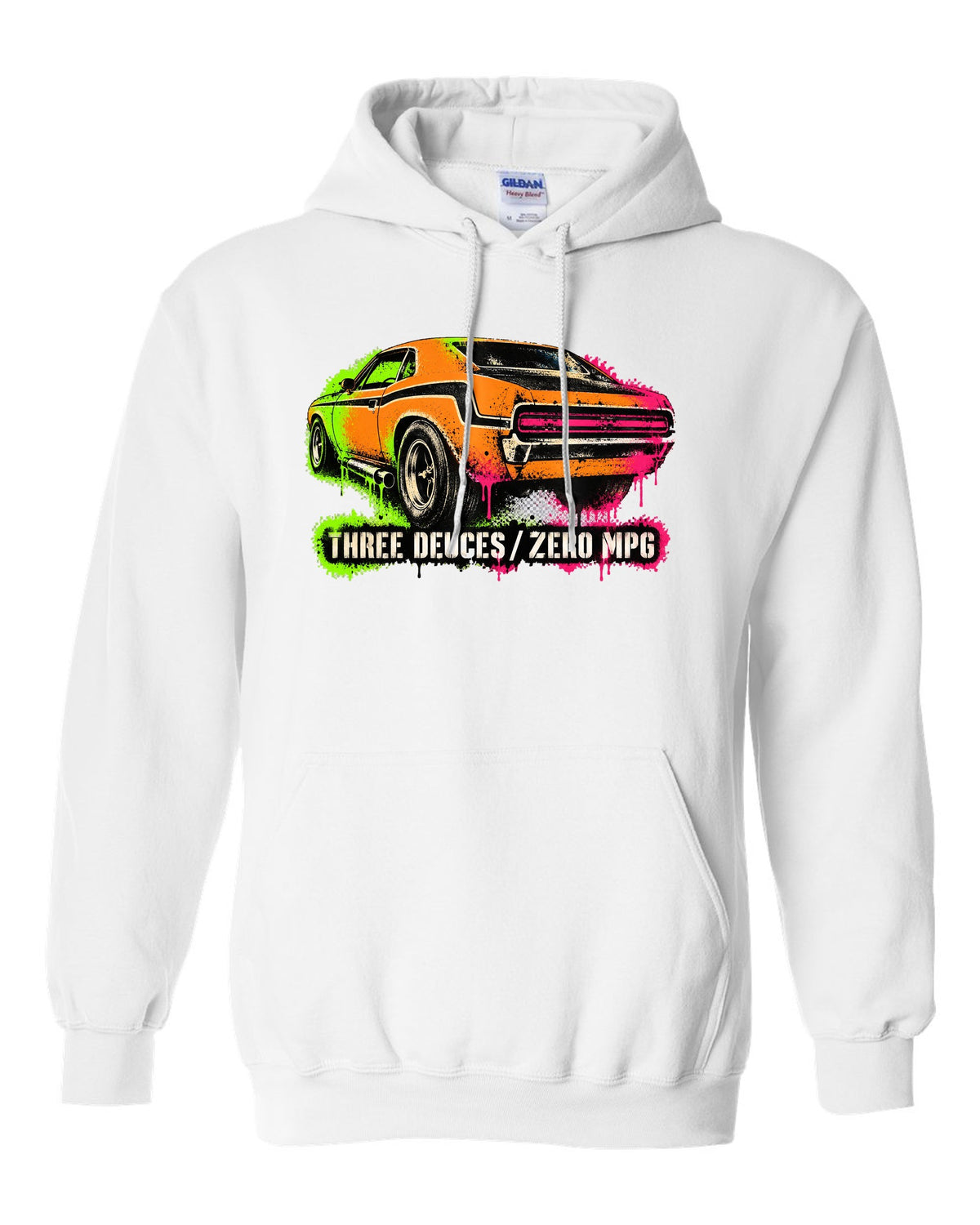 1970 Dodge Challenger T/A gas-station stencil spray paint print with Three Deuces Zero MPG text white pull over hoodie front view with the design
