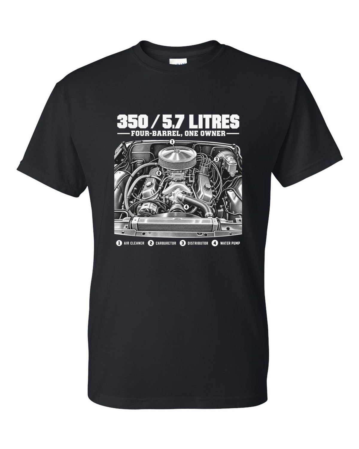 Squarebody C10 350 small block engine diagram with callouts, print black t-shirt front view with the design