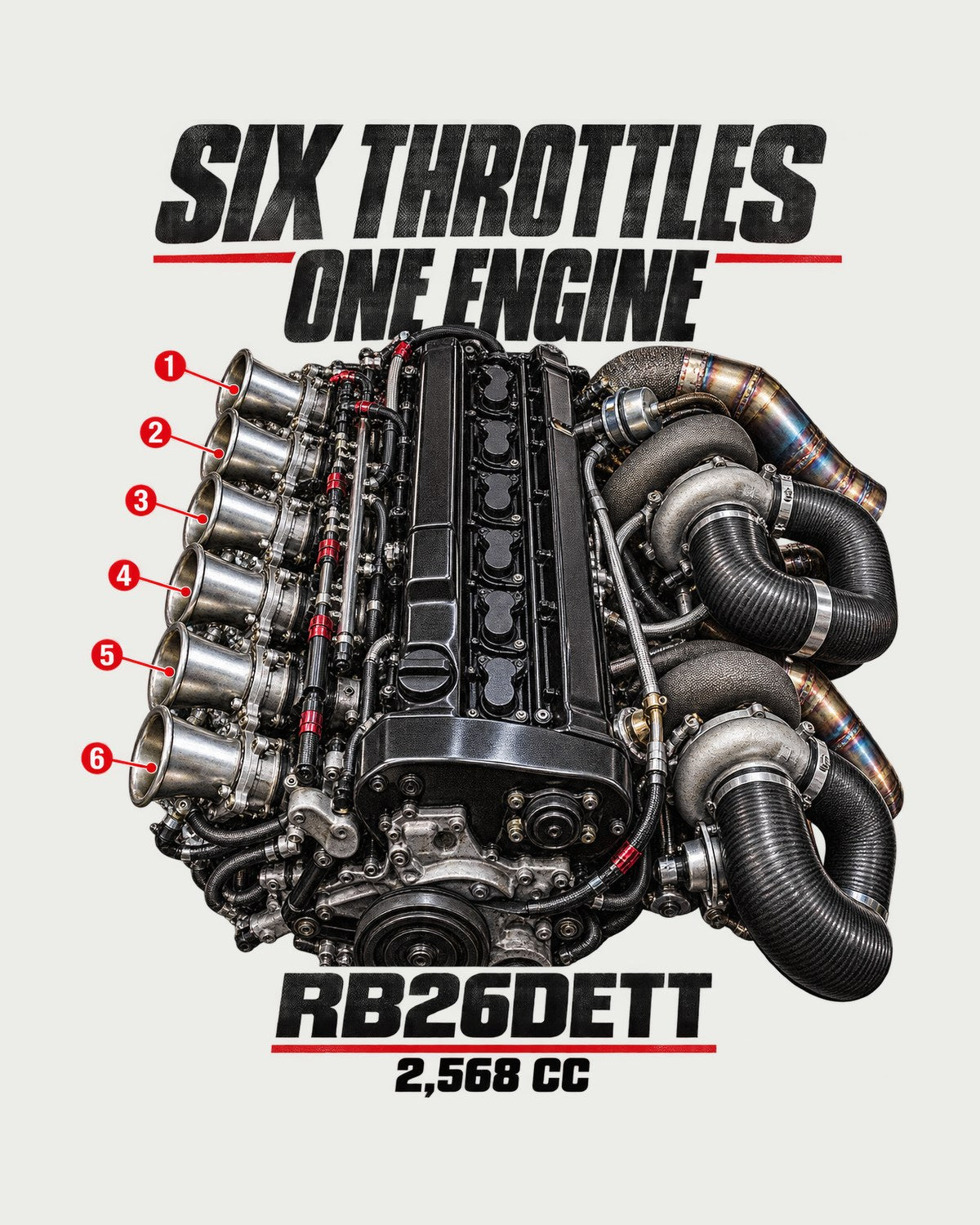 RB26DETT Six Throttle Engine Shirt, Skyline GT-R R32 design only