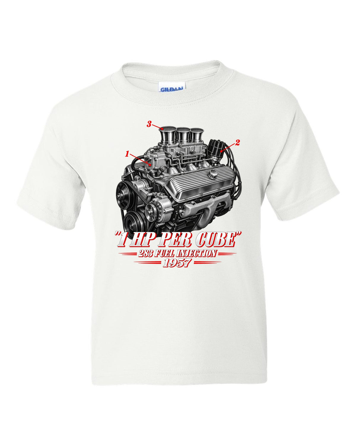 Chevrolet Corvette C1 1957 fuel-injected 283 engine print white kids tee front view with the design