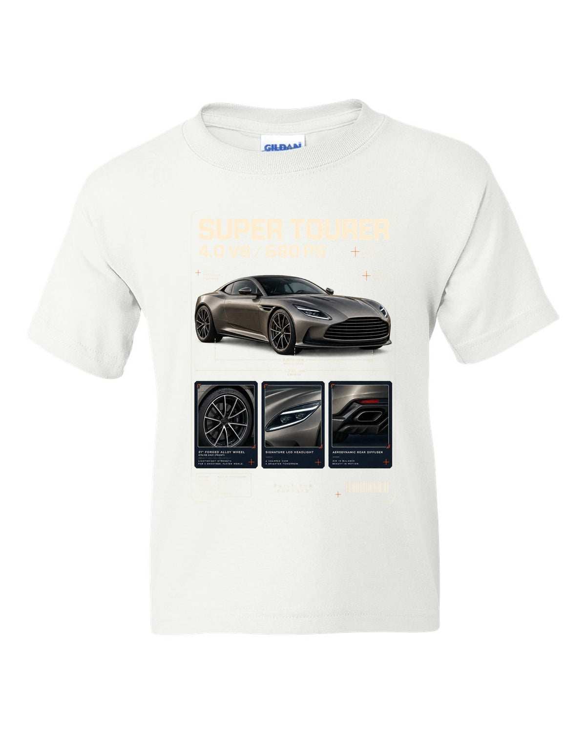 Aston Martin DB12 2023 dossier panels print with super tourer 4.0 V8 680 PS text white kids tee front view with the design
