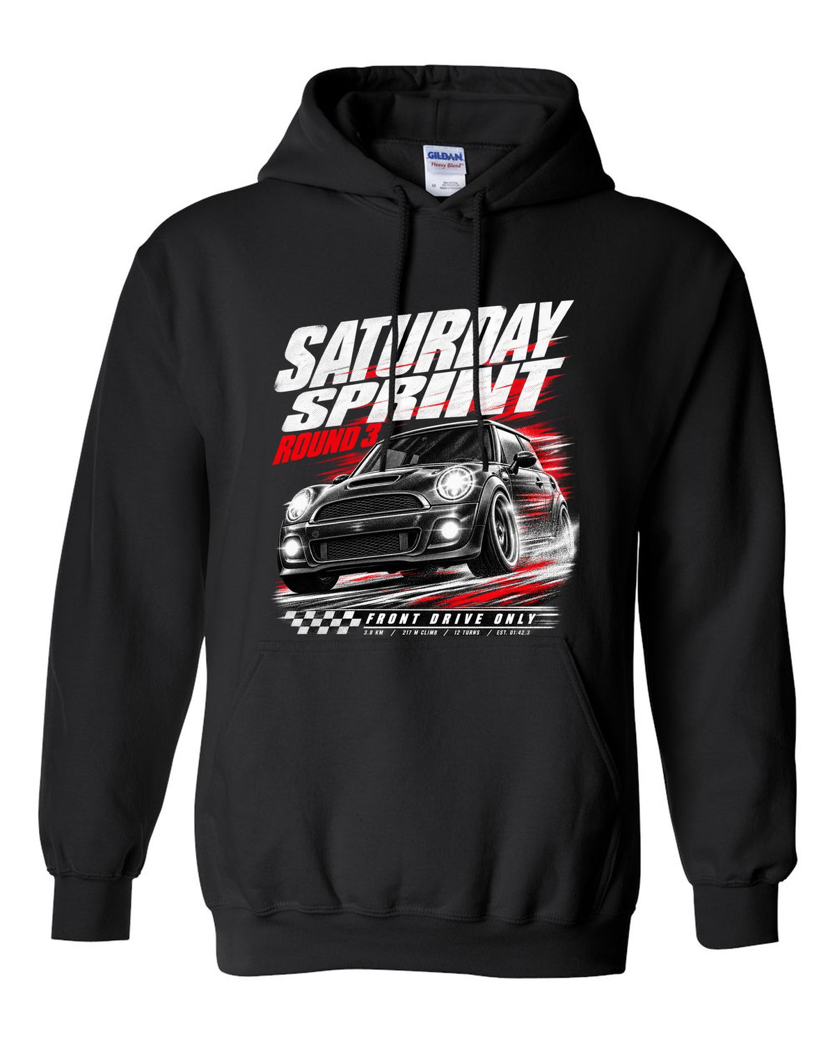 Race poster print of a Mini Cooper JCW R56 front three-quarter at a Saturday sprint round three black pull over hoodie front view with the design