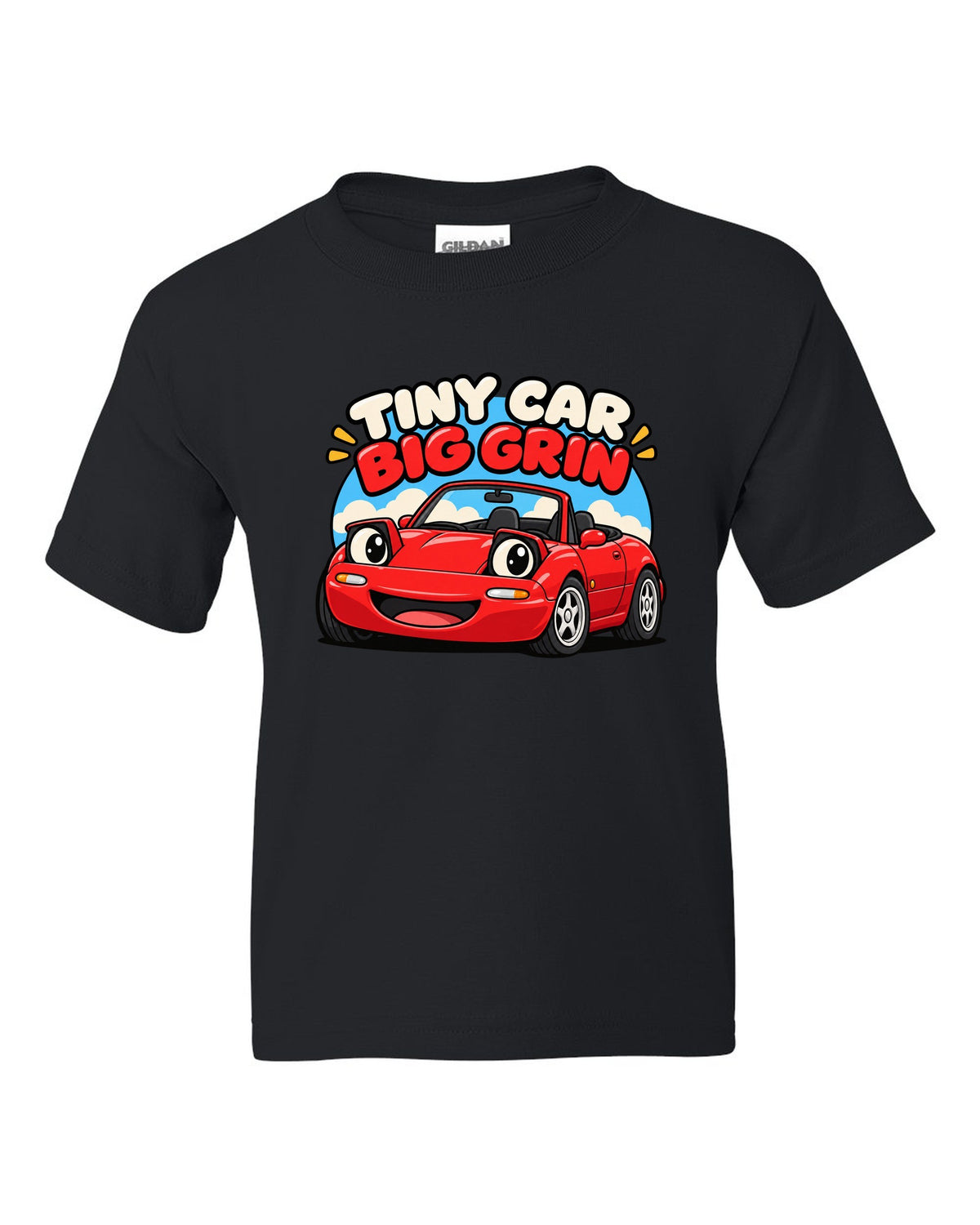 Topographic contour map of a touge road with a Mazda MX-5 ND route black kids tee front view with the design