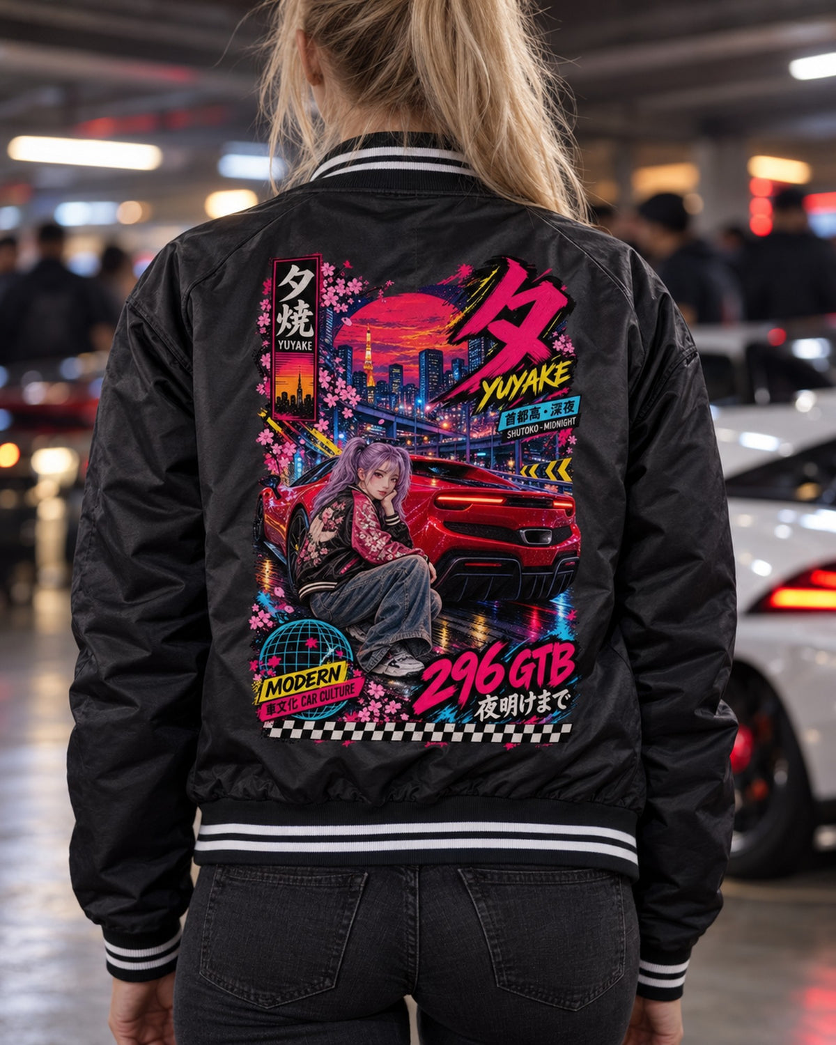 YUYAKE 296 GTB Anime Girl Full-Back Graphic Tee Bomber Jacket Black worn hero