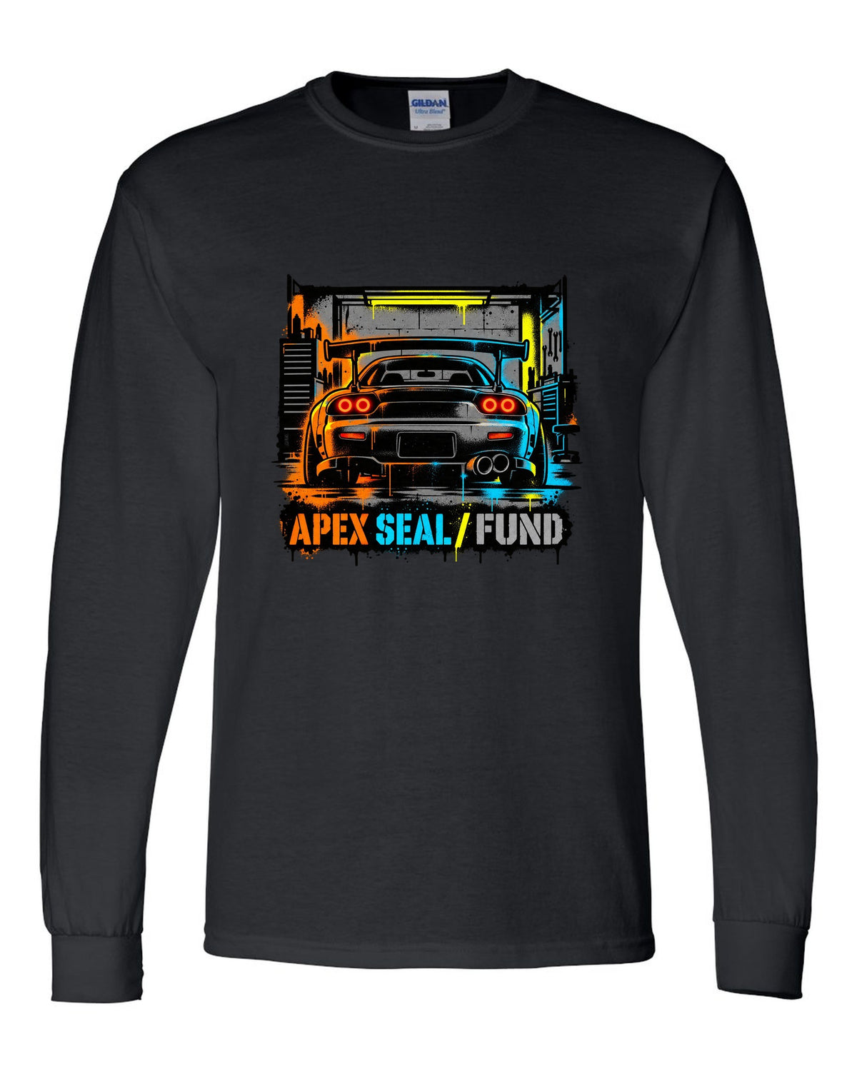 Stencil spray street art print of a Mazda RX-7 FD3S with the text Apex Seal Fund black long sleeve front view with the design