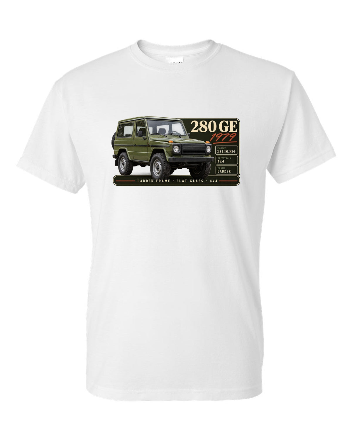 Archive panel print of a 1979 Mercedes 280 GE W460 with ladder frame, flat glass and 4x4 lettering white t-shirt front view with the design