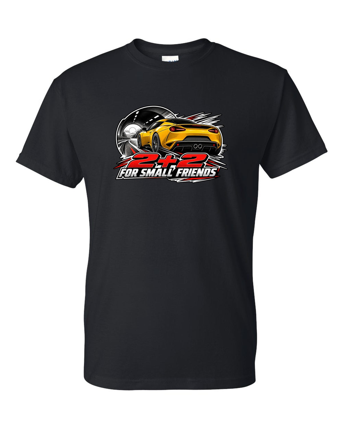 Lotus Evora rear view in retro manga halftone with 2+2 FOR SMALL FRIENDS lettering black t-shirt front view with the design