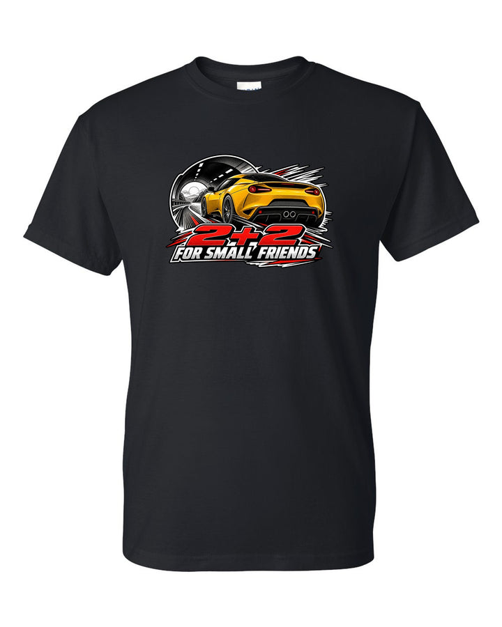 Lotus Evora rear view in retro manga halftone with 2+2 FOR SMALL FRIENDS lettering black t-shirt front view with the design