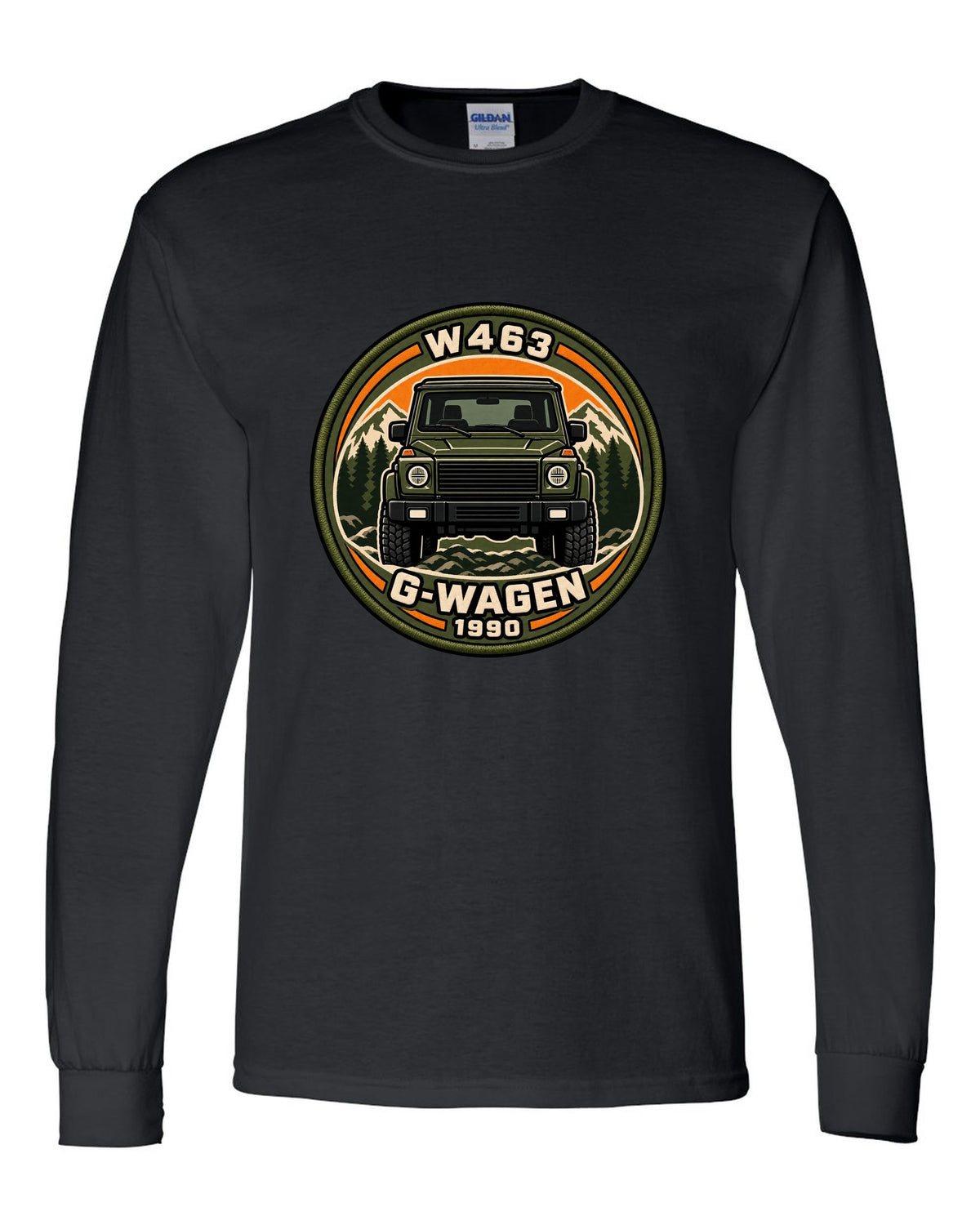 Varsity crest graphic reading W463 G-Wagen 1990 for the Mercedes G-Class, print black long sleeve front view with the design