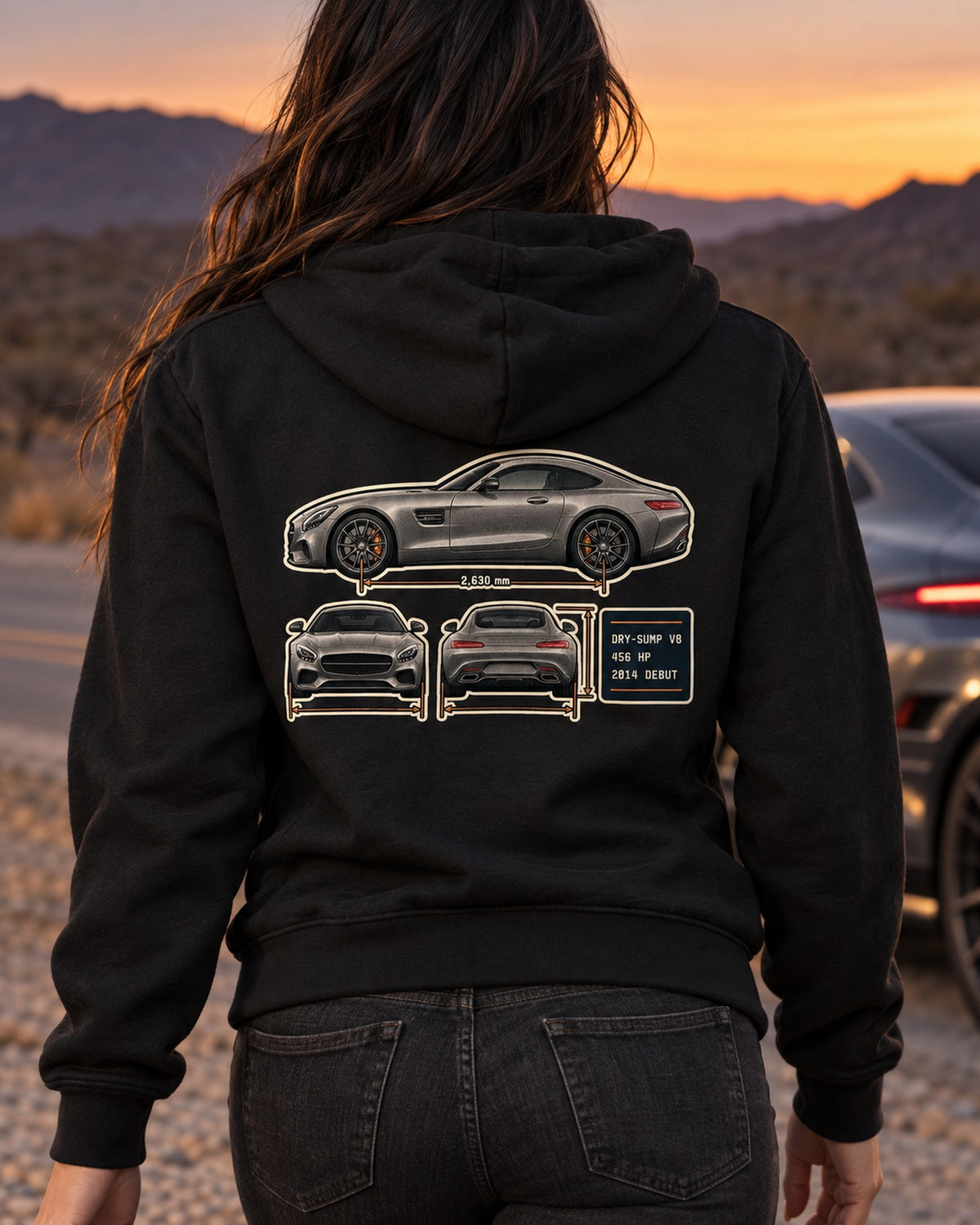 Mercedes-AMG GT C190 Three-View Spec Table Tee, 2014 Debut Zip Hoodie Black worn hero