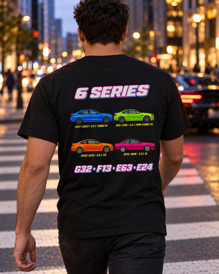 BMW 6 Series Evolution Poster Full-Back Graphic Tee T-Shirt Black worn hero